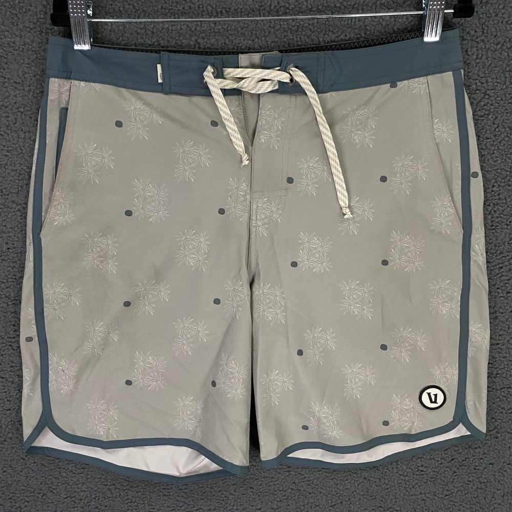 Vuori Board Shorts Mens Size 30 Gray Blue Palm Print Scalloped Surf Trunk
